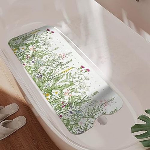 Non Slip Bathtub Mat, Flower Bath Mat for Tub, Extra Long Bathtub Mat Shower Mat with Suction Cups and Drain Holes for Elderly Kids Toddler Baby 40 X 16 Inch