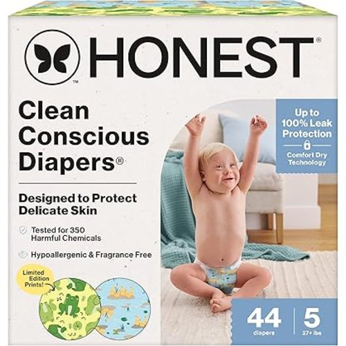 The Honest Company Clean Conscious Diapers®, Up to 100% Leak Protection, Designed to Protect Delicate Skin, Hypoallergenic + Fragrance-Free, UR Ribbiting + Waddle It Be, Club Box, Size 5, 44 Count
