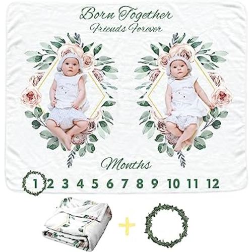 Twins Baby Monthly Blanket for Girls, Newborn Age Blanket, Soft Flannel Photography Background Prop, Twin Baby Gifts, Boho Flower