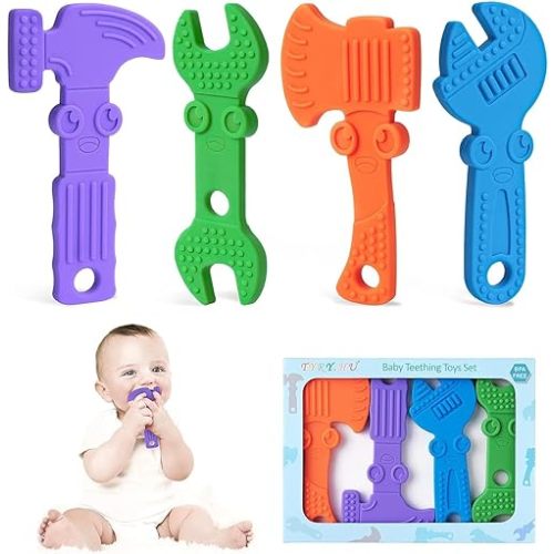 TYRY.HU Baby Teething Toys for Babies, Baby Teether Toys, BPA Free Silicone Baby Molar Teether Chew Toys, Hammer Wrench Spanner Pliers for Boys Girls, Soft-Textured, Easy to Hold & Clean, 4 Packs