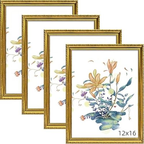 BESCRCL 12x16 Picture Frame Gold, Frames 12 x 16 with Shatterproof Crystal Acrylic for Wall Gallery, 4 Pack