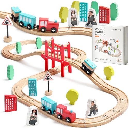 Tiny Land Wooden Train Set for Toddler - 39 Pcs- with Wooden Tracks Compatible with Major Brands - Expandable, Changeable-Train Toy for 3 4 5 Years Old Girls & Boys
