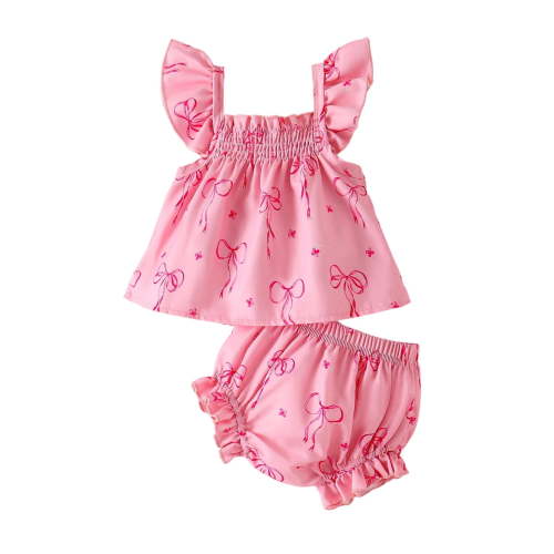 TOWED22 Toddler Baby Girl Clothes 6M-6Y Summer 2Pcs Outfits Sleeveless Square Neck Bow Top & Floral Shorts Set(Pink,6-12 M)