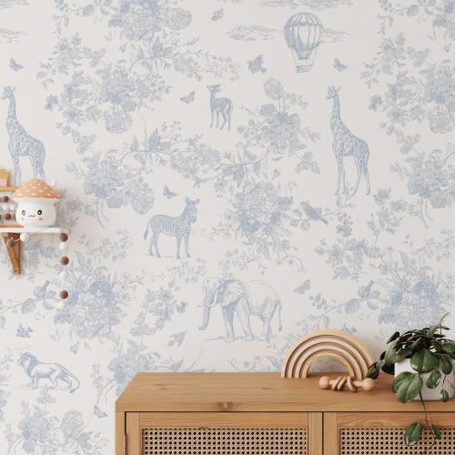 Blue Jungle Toile Wallpaper Mural – Safari Animals & Balloons, Peel and Stick or Pre-pasted Wall Mural KM443