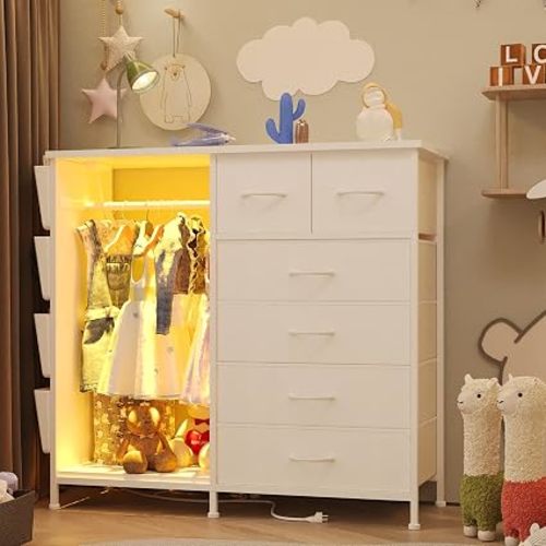 6 Drawer Dresser for Bedroom with Clothes Rack, Clothes Dresser with Side Pockets and Hooks, Charging Station & LED Lights, Wooden Top, Fabric Storage (White)