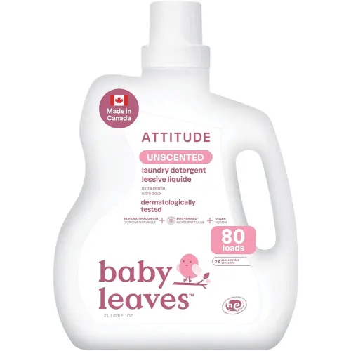 ATTITUDE Baby Laundry Detergent Liquid, Made in Canada, EWG Verified, Safe for Baby Clothes, Infant and Newborn, Vegan and Naturally Derived Washing Soap, HE Compatible, Unscented, 80 Loads, 2 Liters