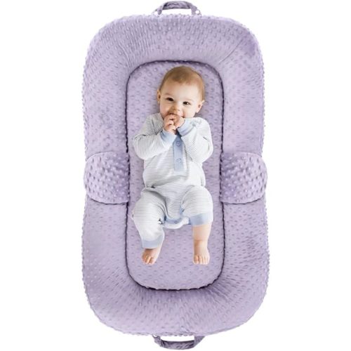 Baby Lounger for Newborn,0-12 months,Foldable Soft Infant Lounger pillow for Home and Travel, Baby Nest Lounger with cover,Multi-Use Portable baby lounger for Supervised Play&Tummy Time, Purple