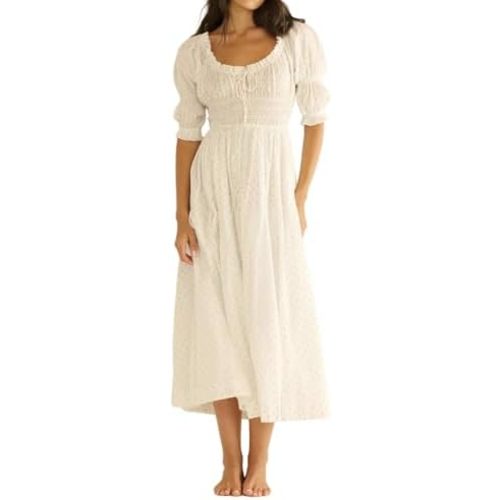 ABYOVRT Women Smocked Dresses Puff Sleeve Off Shoulder Flowy Midi Dress Baby Shower Summer Fall