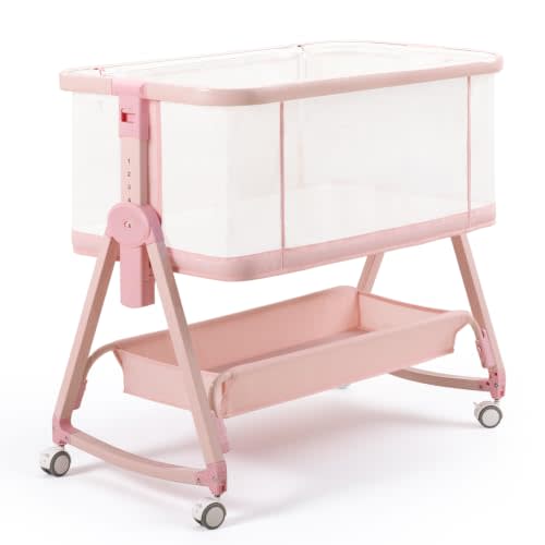 Baby Bedside Sleeper Bassinet, Bassinet Storage Basket and Wheels, Pink | Multi-functional, Breathable Mesh,Adjustable Height, Washable Fabric, 360°Lockable Wheels, Large Storage Capacity