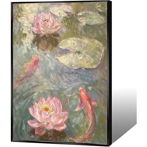 KOEUIRW Vintage Koi Fish Canvas Wall Art Traditional Chinese Pink Lotus Posters Feng Shui Lucky Carp Lotus Flower Leaves Pond Paintings For Living Room Bedroom Dorm Wall Decor 12x16in Unframed