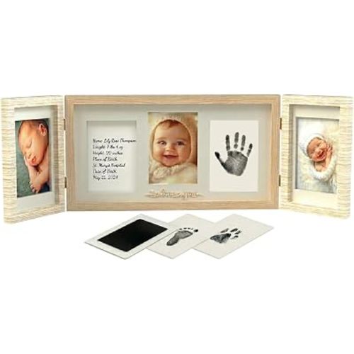 Baby Keepsake Photo Frame with Handprint and Footprint Kit Beige MDF Baby Memory Frame, Trifold Design with 5 Photo Display, Newborn Ink Print Kit