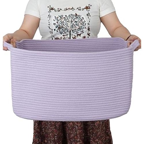 Large Rectangle Blankets Basket Living Room 22"x17"x12" Woven Cotton Rope Storage Baskets for Nursery Toy Basket for Kids Wicker Laundry Baskets Bin for Clothes Towels purple or Lavendor