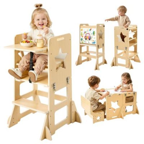 Toddler Tower 6-in-1 Wooden Kitchen Step Stool with Chalkboard and Feeding Tray, Natural Wood