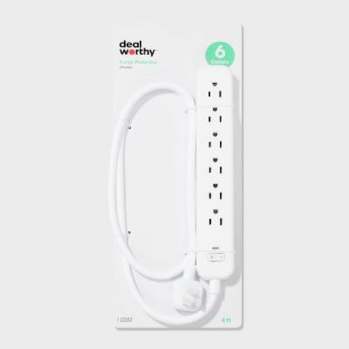 6-Outlet Surge Protector with 4' Extension Cord 720J - dealworthy™ White: LED, Circuit Breaker, Grounded