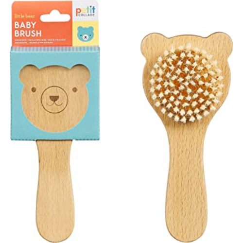 Petit Collage Wooden Baby Hairbrush – Soft Bristle Brush Made of FSC-Certified Beech Wood with Cute Bear Design
