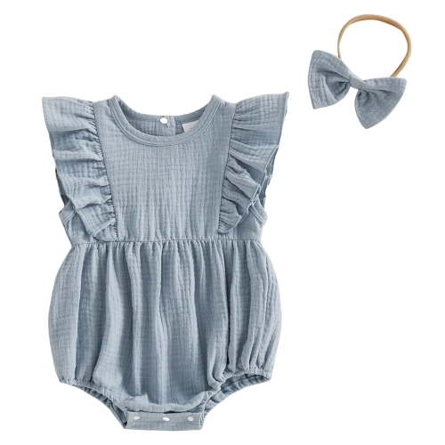 Karoyedx Summer Outfit Baby Girl Baby Girl Clothes Newborn Cotton Linen Romper Short Sleeve Infant Smocked Bodysuit Baby Outfits Blue Size,6-12 Months