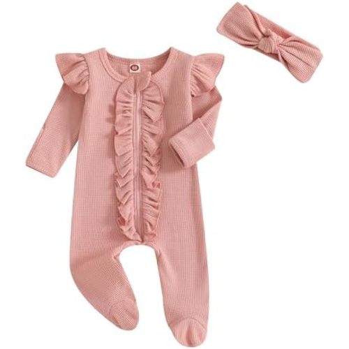 Newborn Baby Romper Infant Girl One-piece Outfit Waffle Ruffle Zip Footie Spring Summer Clothes With Bow Headband