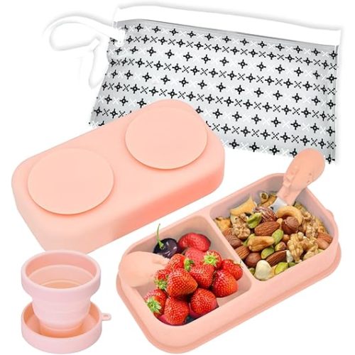 6PCS Travel Suction Plate for Baby,Portable Silicone Suction Plate to Go,Baby Divided Plates Feeding Set with Travel Bag,Cup for Toddler Baby Plate Divided Bowls Travel Essential Pink