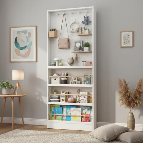 LHIUGE 70.1" Tall Behind The Door Bookshelf,Wooden Behind The Door Book Organizer,Large Capacity Ultra Slim (3.94"), Modern Bookshelf with Perforated Board for Toys, Books, Cds, Magazines