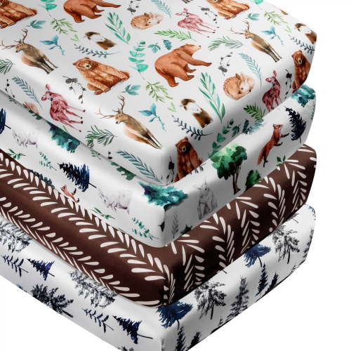 rezipo Crib Sheets Set, 4-Piece, 120 Thread Count, Woodland Forest Animals, Fitted Baby Sheets
