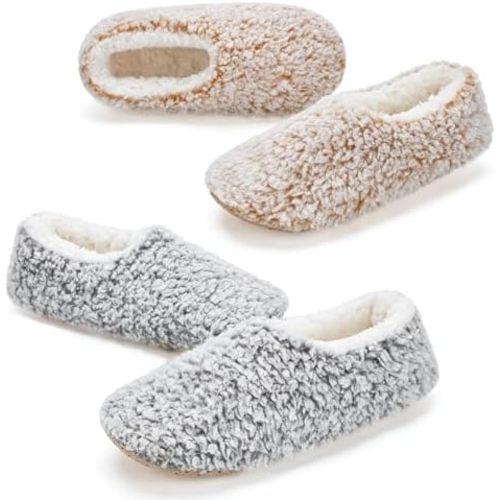 cosyone1997 2-Pair Slippers for Women Indoor Non Slip Soft Sole Plush Sherpa Lined Cozy Comfortable House Slippers