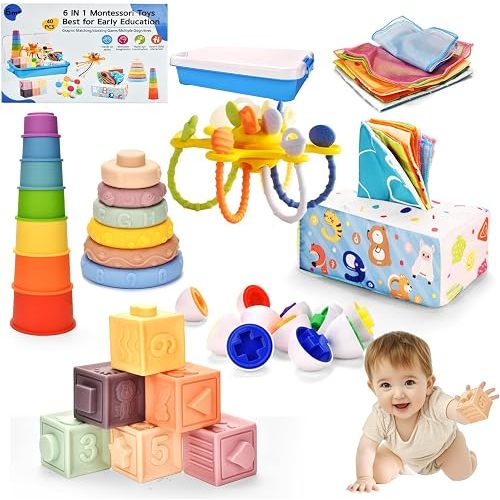 Majabike Montessori Toy Set 6 in 1 Baby Toys 6 to 12 Months, Montessori Toy for Toddlers 1-3, Infant Teething Babies Toy Stacking Blocks Rings Pull String Toy