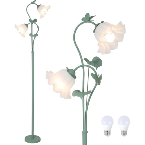 Flower Floor Lamp for Living Room, Vintage Floor Lamp with 2 LED 5W Blubs, Foot Switch, Green Standing Lamp with Acrylic Shade