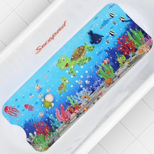 Secopad Cartoon Baby Bath Mat, Kids Bathtub Mat Non Slip for Toddler Bath Shower Anti Slip, 40In X 16In with Drain Holes and Suction Cups Machine Washable, Turtles