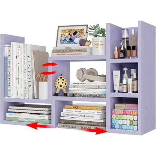 NUTIKAS Desk Shelves Desktop Organizer Shlef - Purple Office Organization for Top of Desk Organizers and Accessories Corner Bookshelf Table Top Shelving Small Hutch Decorations for Women Office