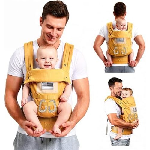 Baby Carrier, Lumbar Support Infant Carrier (0-36M, 8-33 lbs) with Foldable Headrest Carabiners for Big and Tall Parents, Men, Women (Yellow)
