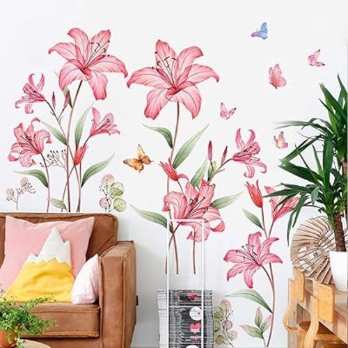 Runtoo Large Lily Flower Wall Decals Pink Floral Butterfly Peel and Stick Wall Stickers for Girls Bedroom Nursery Living Room Decor