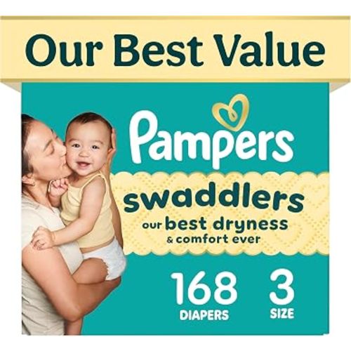 Pampers Swaddlers Diapers, Size 3 (13-26 lbs), 168 Count, Fragrance Free, Hypoallergenic, Absorbent, Pediatrician Recommended, Skin Safe