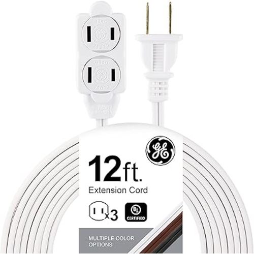 GE 3-Extension Cord with Multiple Outlets 12 Ft Power Strip 2 Prong 16 Gauge Twist-to-Close Safety Covers Indoor Outlet Extender UL Listed White 51954