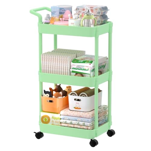 Volnamal Diaper Caddy, 3 Tier Rolling Cart for Baby Essentials, Green | Movable & Easy Assemble Cart for Newborn Nursery Essentials, Diaper Storage Organizer for Changing Table&Crib, Baby Registry