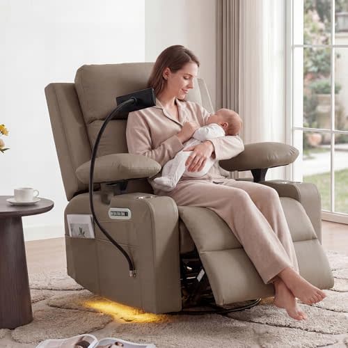 FiveWillowise Power Rocking Chair Nursery with Adjustable Armrests, Brown | Glider Rocking Chair with Adjustable Headrest and Electric Lumbar Support, Nursing Chair with USB Charging, Cup Holder, Light
