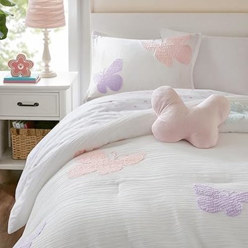 Intelligent Design Kids Rio - Juego de edredón tamaño individual, ropa de cama reversible de felpilla copetuda para niñas con mariposas moradas pastel y puntos rosados, 3 piezas