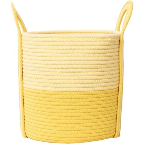 Cotton Rope Laundry Basket with Handles, 40L Woven Collapsible Storage Hamper for Kids, Nursery, Bedroom & Laundry Room - Multi-Color Dopeamine Design, Basket for Clothes, Toys& Blankets (Yellow)