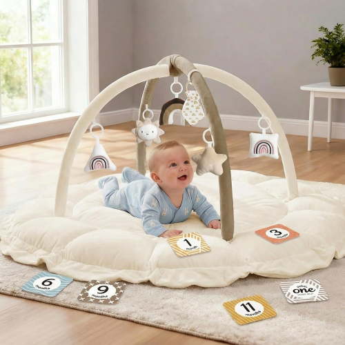 ZJQYDS 5-in-1 Thick & Plush Baby Play Gym, Baby Play Mats for Floor, Tummy Time Mat with 6 Toys, Convertible Stage-Based Developmental from Babies to Toddlers, Ball Pit, Brown