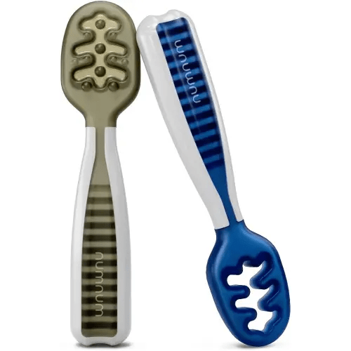 NumNum Baby Spoons Set, Baby Essentials Pre-Spoon GOOtensils for 6+ Months, First Stage Self-Feeding Spoons for Baby Led Weaning (BLW), Silicone Toddler Utensils, BPA-Free, 2 Pack Olive/Newbury Navy