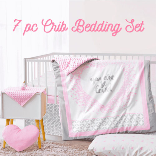 Manhattan Kids You Are So Loved 7-Piece Crib Bedding Set | Heart-Themed Baby Girl Nursery Bedding | Includes Comforter, Fitted Sheets, Pillow & More | Soft & Stylish Baby Bedding Set