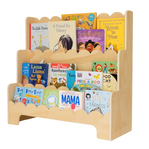 CAALMA Premium Scalloped Bookshelf for Nursery & Kids Bedroom - 29.5x27.5 in - 3-Tier Wooden Montessori Bookshelf - Kids Bookcase for Nursery, Playroom or Classroom, Minimalist Toddler Book Shelf