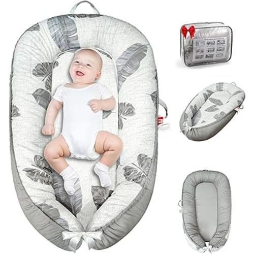Baby Lounger for Newborn 0-24 Months, Baby Nest Cover Breathable and Soft Cotton, Infant Lounger with U-Shaped Safety Bumper for Cozy Comfort Baby Essentials (Leaves Grey)