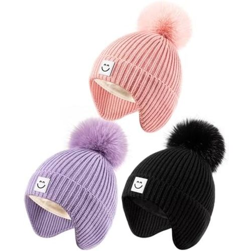 3 Pack Baby Winter Hats with Earflaps, 2 Size Kids Pom Pom Beanie for Infant Toddler Children, Smiley Face Hat for Girls Boys