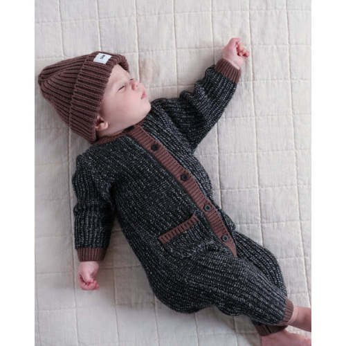 Chunky Ribbed Knit Round Neck Long Sleeve Loose-Fit Romper, Black Melange & Brown - 7AM Enfant | Maisonette
