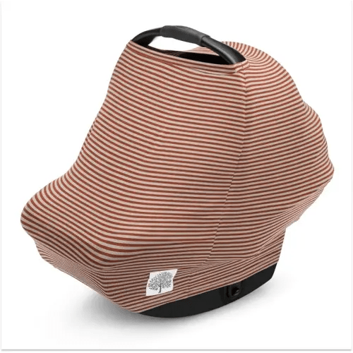 Parker Baby 4 in 1 Car Seat Cover for Girls and Boys - Stretchy Carseat Canopy, Nursing Cover, Grocery Cart Cover, High Chair Cover - “Clay/Alpaca Stripes”