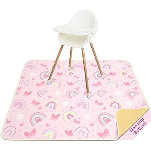 Basumee Splat Mat High Chair Mat Waterproof Baby Play Splat Mat for Under High Chair Food Catcher Highchair Mat for Floor Non Slip Bottom, Pink Rainbow, 46x42 Inches