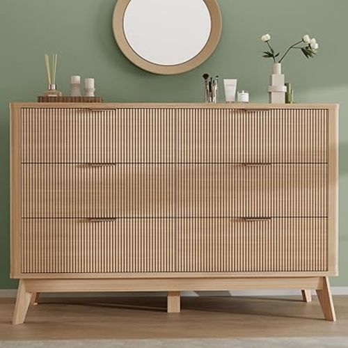 Fluted Dresser for Bedroom,49.6'' Modern Wooden Dresser with 6 Drawers, Bedroom Dressers, Natural Wood Chest of Drawers for Living Room, (Oak)