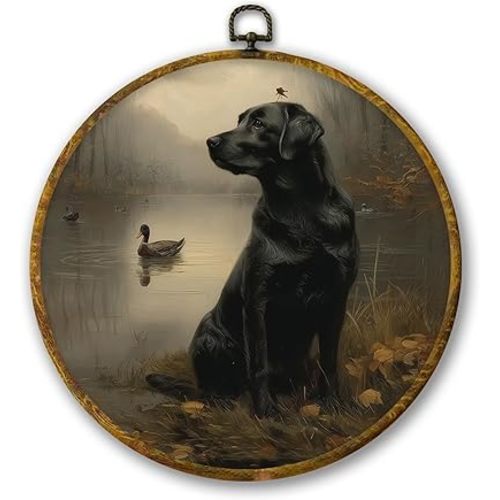 Vintage Labrador Retriever Duck Wall Art Decor, Black Lab Gifts Framed Canvas Prints 10x10, Rustic Farmhouse Dog Duck Round Wall Hanging Artwork Decorations for Home Bedroom Living Room