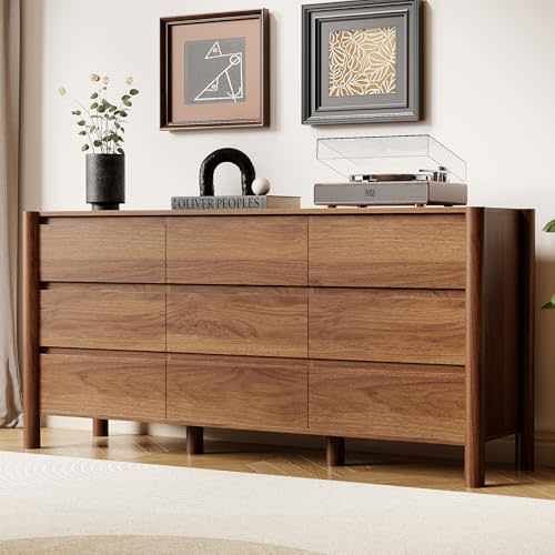 HOUROM Walnut Dresser for Bedroom,63"Wide 9 Drawer Mid Century Modern Chest | 63 inch wide dresser with 9 spacious drawers,solid wood legs and concealed handles.Large walnut storage design for bedrooms