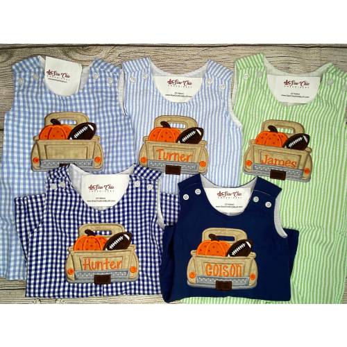 Baby Boy Fall Romper, Fall Truck with Pumpkin and Football Outfit, Boy Thanksgiving outfit, Baby Boy Overalls